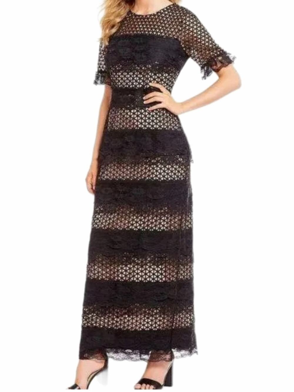Belle Badgley Mischka NWTs Black Nude Lace Maxi Dress Short Sleeves size 0